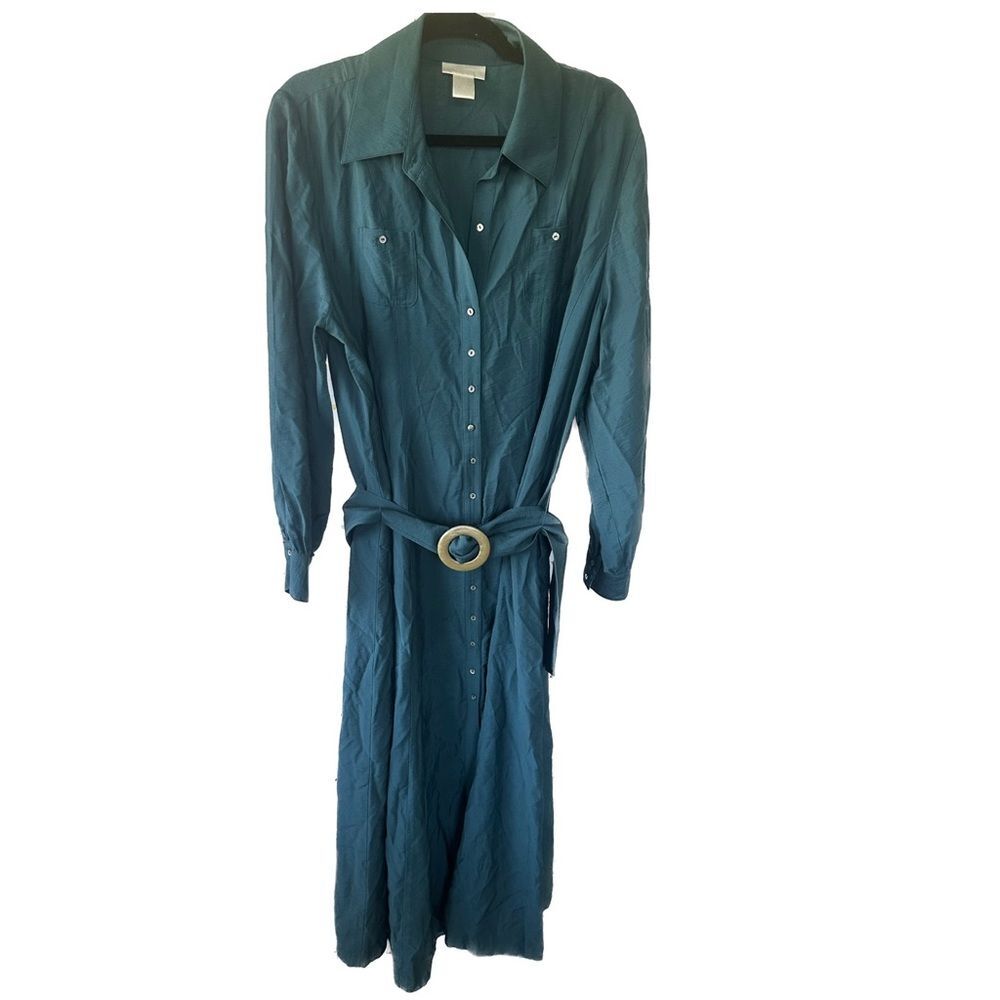 Soft Surroundings Teal Belted Button Down Collar Midi Shirt Dress Petite XL